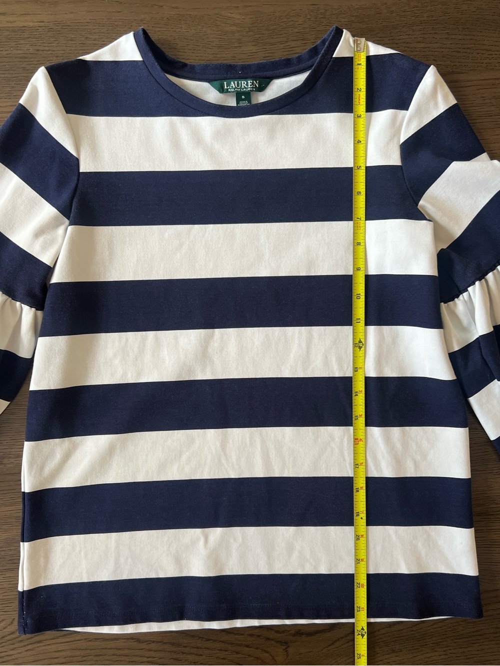 Lauren Ralph Lauren Navy & White Striped Trumpet Sleeve Top Size Small - Picture 7 of 12
